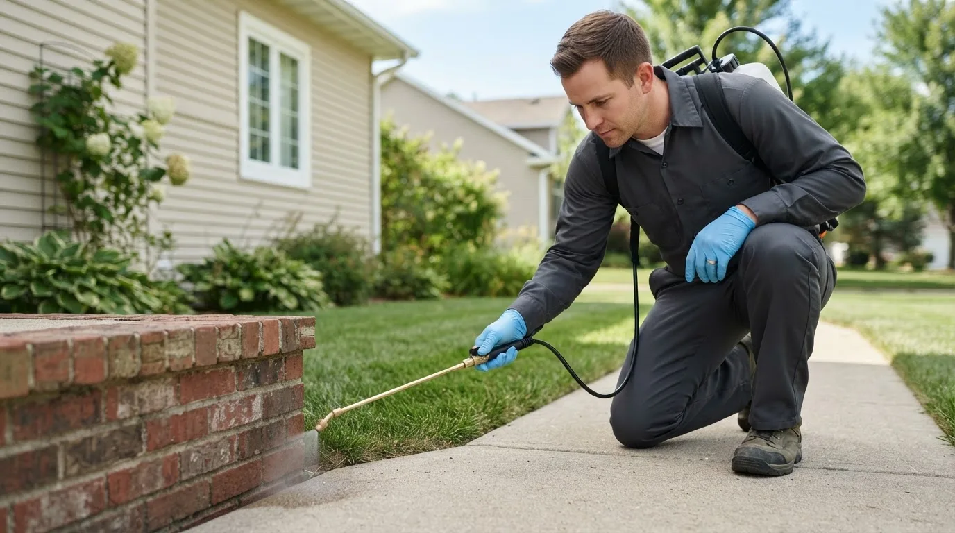 Pest control technician treating a home near Troy Mills, IA