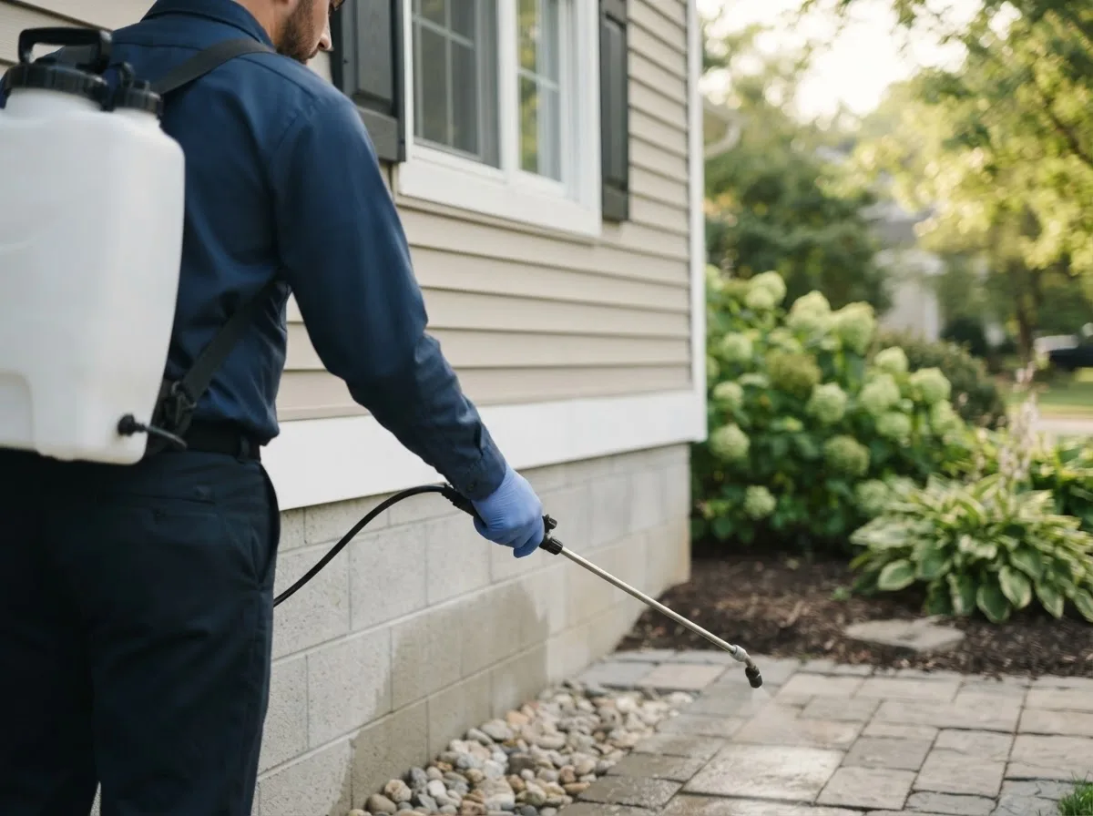 Pest control technician inspecting a home in Troy Mills, IA